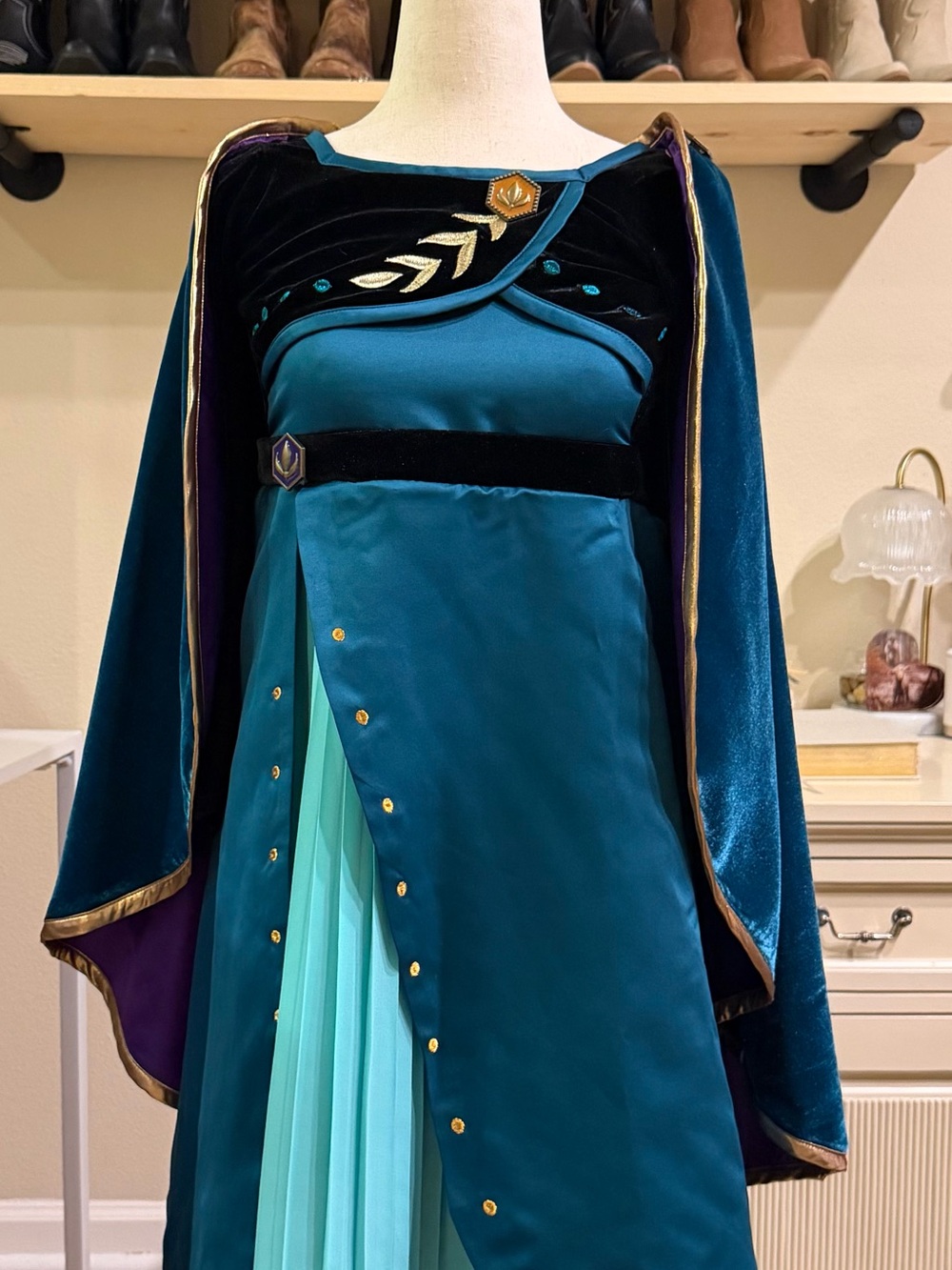 Teal and Black Anna From Frozen Long Sleeve Dress with Gold Accents